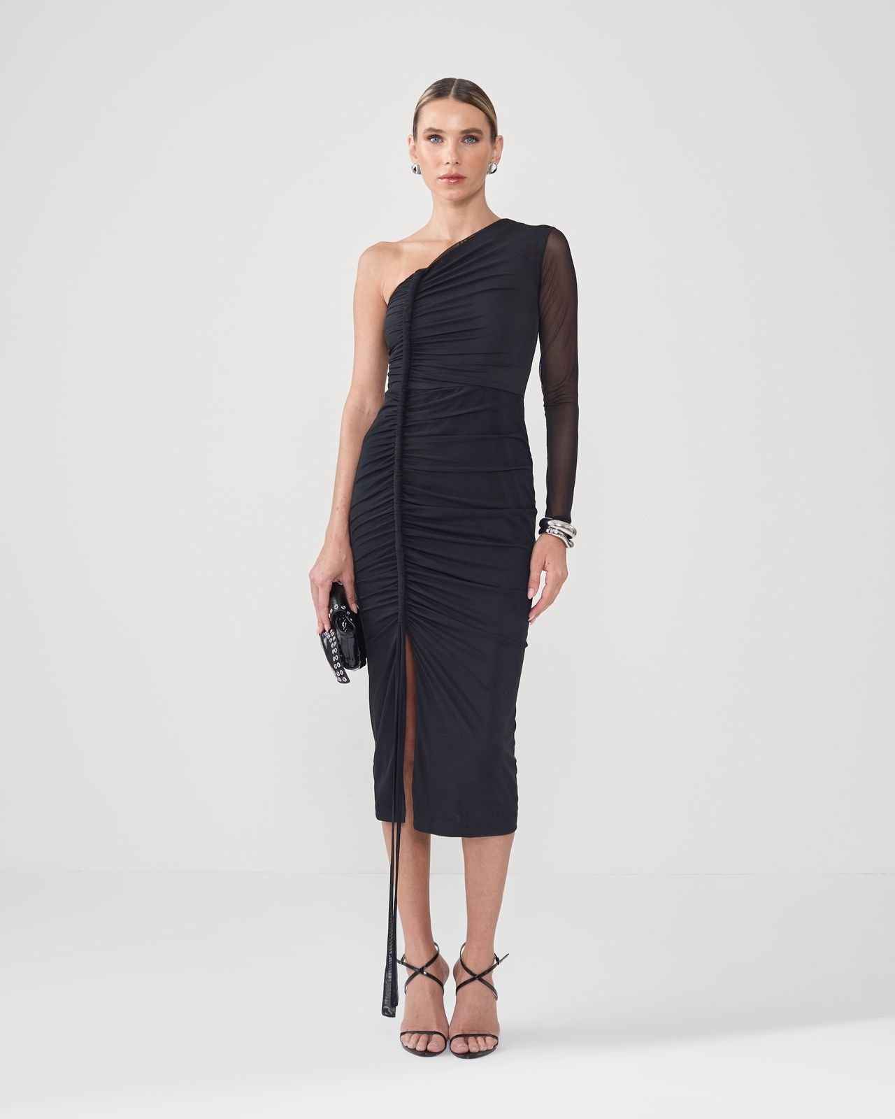 Vestido Midi One Shoulder com Drapeado